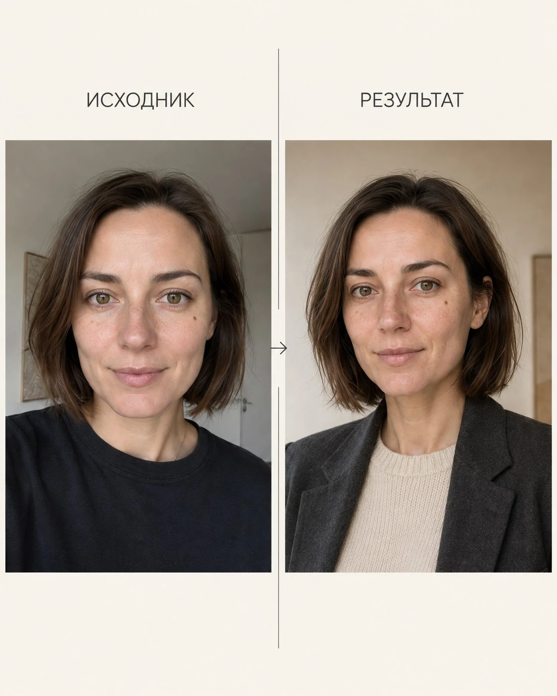 Сравнение лица Анны Волковой: исходник и результат AI-фотосессии