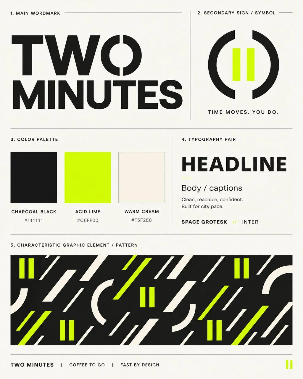 Мини brand board TWO MINUTES: логотип, знак, цвета, типографика и pattern